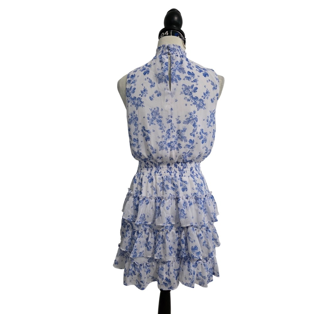 1.STATE Blue White Floral Smocked High Neck Tiered Ruffle Mini Dress Small - Picture 3 of 6